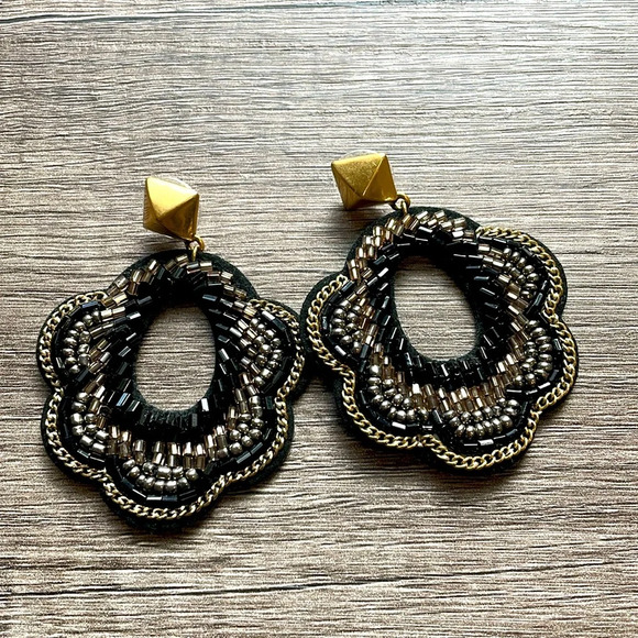 Stella & Dot Silver Gold Bead Black Dove Leather Lightweight Statement Earrings